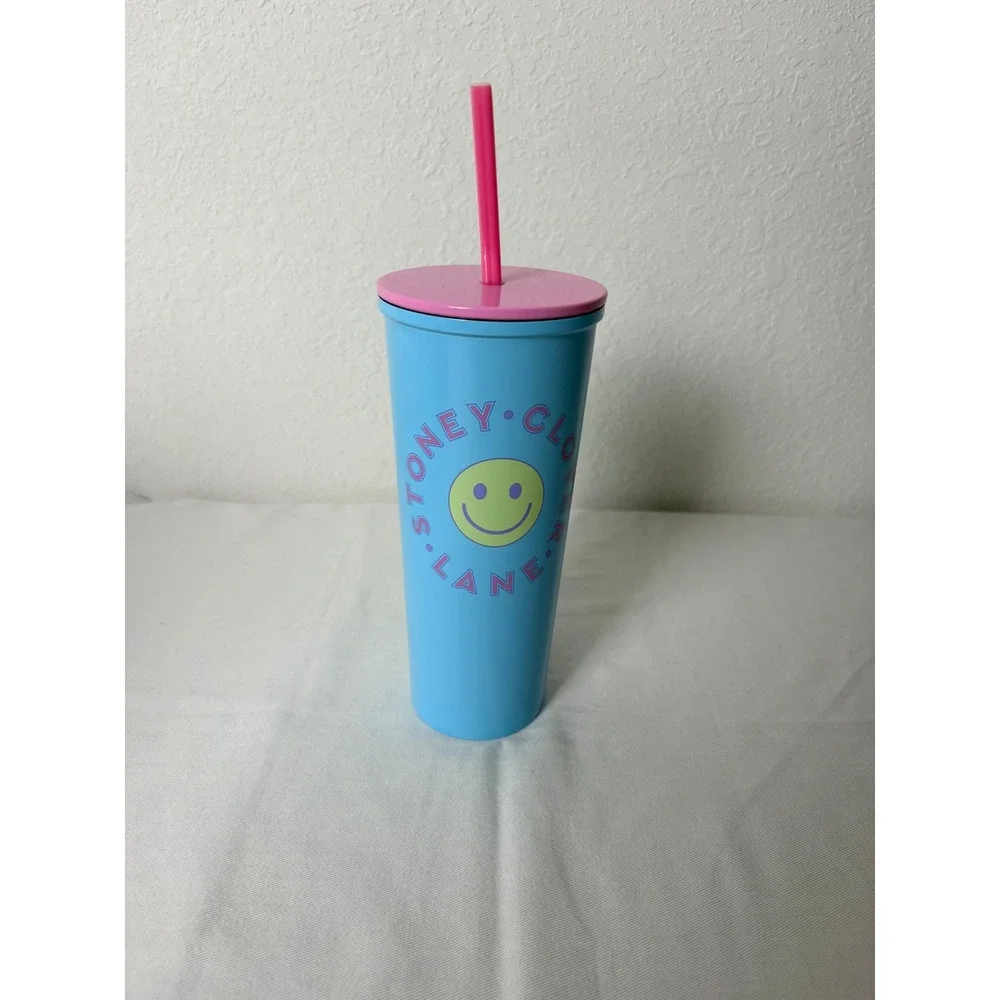 Stoney Clover Lane Blue Smiley Face Travel Tumbler Cup Pink Straw Lid